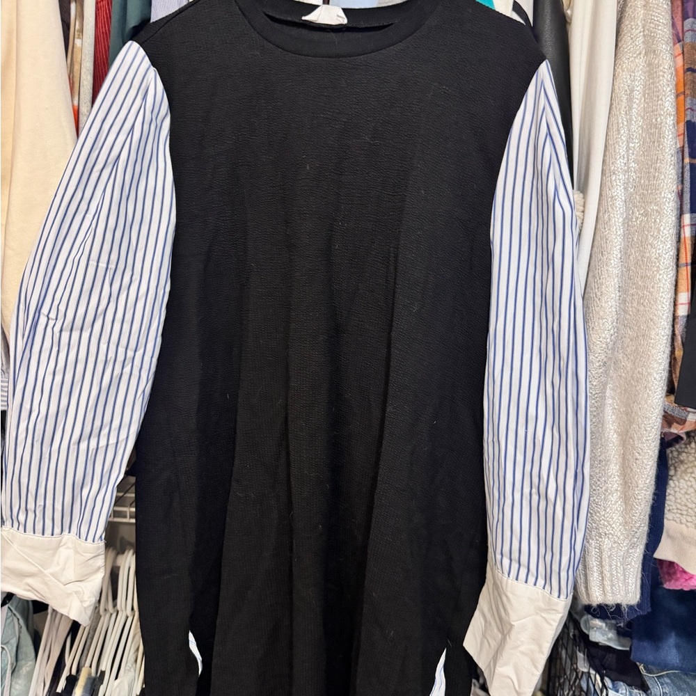 Annie Black Dress with Blue and White Striped Long Sleeves